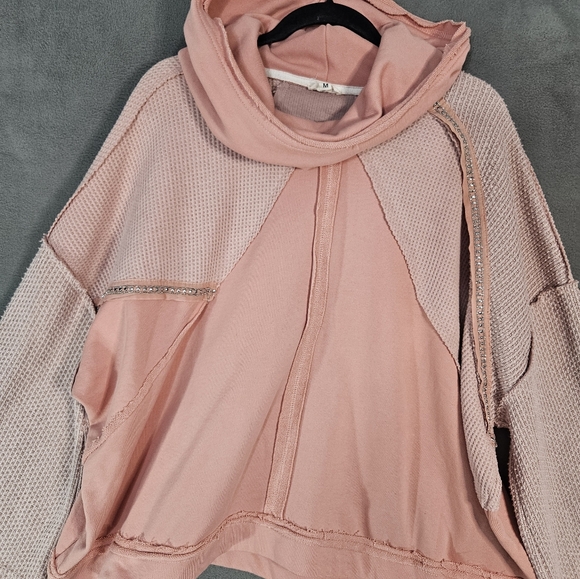 Pol Womens Medium Sweatshirt Boho Cowl Hoodie Pink Waffle Knit Ovetsized Bling - Picture 2 of 12